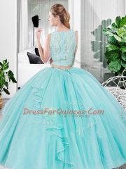 Lilac Tulle Zipper Scoop Sleeveless Floor Length 15 Quinceanera Dress Lace and Ruffled Layers