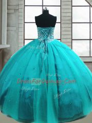 Aqua Blue Tulle Lace Up Sweetheart Sleeveless Floor Length Quinceanera Dresses Beading