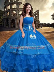 Customized Floor Length Zipper Quinceanera Gown Blue for Military Ball and Sweet 16 and Quinceanera with Embroidery and Ruffled Layers