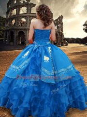 Customized Floor Length Zipper Quinceanera Gown Blue for Military Ball and Sweet 16 and Quinceanera with Embroidery and Ruffled Layers