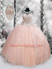 Unique Sleeveless Tulle Floor Length Lace Up Quinceanera Dress in Pink with Beading and Sequins