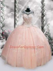 Unique Sleeveless Tulle Floor Length Lace Up Quinceanera Dress in Pink with Beading and Sequins