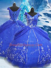 Blue Ball Gowns V-neck Short Sleeves Tulle Floor Length Lace Up Beading and Appliques Quinceanera Dresses