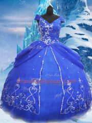 Blue Ball Gowns V-neck Short Sleeves Tulle Floor Length Lace Up Beading and Appliques Quinceanera Dresses