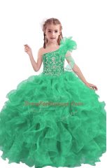 Amazing Apple Green Organza Lace Up Little Girls Pageant Dress Sleeveless Floor Length Beading and Ruffles