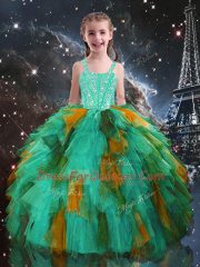 Classical Turquoise Tulle Lace Up Little Girl Pageant Dress Sleeveless Floor Length Beading and Ruffles