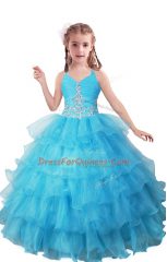 Attractive V-neck Sleeveless Zipper Little Girl Pageant Dress Baby Blue Organza
