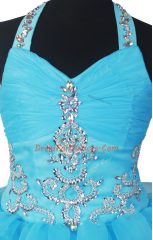 Attractive V-neck Sleeveless Zipper Little Girl Pageant Dress Baby Blue Organza