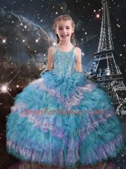 Sleeveless Organza Floor Length Lace Up Girls Pageant Dresses in Teal with Beading and Ruffled Layers