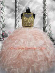 Floor Length Peach Sweet 16 Quinceanera Dress Organza Sleeveless Beading and Ruffles