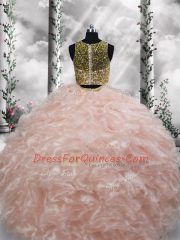 Floor Length Peach Sweet 16 Quinceanera Dress Organza Sleeveless Beading and Ruffles