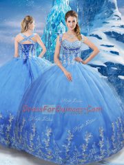 Adorable Tulle Sweetheart Sleeveless Lace Up Beading and Appliques Quinceanera Gowns in Baby Blue