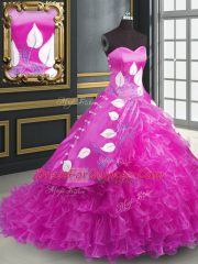 Top Selling Fuchsia Ball Gowns Organza Sweetheart Sleeveless Embroidery and Ruffles Lace Up Sweet 16 Dresses Brush Train