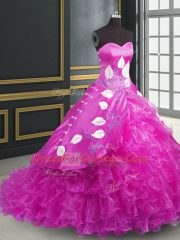 Top Selling Fuchsia Ball Gowns Organza Sweetheart Sleeveless Embroidery and Ruffles Lace Up Sweet 16 Dresses Brush Train
