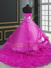 Top Selling Fuchsia Ball Gowns Organza Sweetheart Sleeveless Embroidery and Ruffles Lace Up Sweet 16 Dresses Brush Train