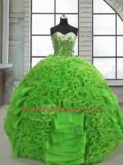 Green Organza Lace Up Sweetheart Sleeveless Floor Length Sweet 16 Dress Beading and Ruffles