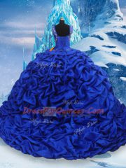 Designer Blue And White Sleeveless Taffeta Brush Train Lace Up Sweet 16 Quinceanera Dress for Military Ball and Sweet 16 and Quinceanera