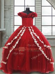 Wine Red Sleeveless Appliques Lace Up Little Girl Pageant Gowns