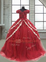 Wine Red Sleeveless Appliques Lace Up Little Girl Pageant Gowns