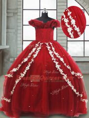 Wine Red Sleeveless Appliques Lace Up Little Girl Pageant Gowns