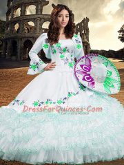Traditional Long Sleeves Lace Up Floor Length Embroidery and Ruffled Layers Quinceanera Gowns