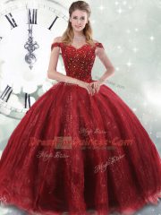 Sophisticated Wine Red Lace Up Off The Shoulder Beading Sweet 16 Dress Tulle Sleeveless Brush Train