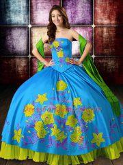 Customized Multi-color Lace Up Strapless Embroidery Quince Ball Gowns Satin Sleeveless