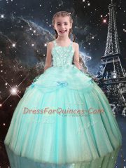 Straps Sleeveless Lace Up Little Girls Pageant Dress Aqua Blue Tulle