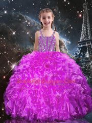 Amazing Fuchsia Lace Up Little Girls Pageant Dress Beading and Ruffles Sleeveless Floor Length