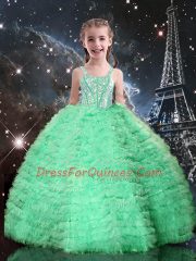 Floor Length Lace Up Pageant Gowns For Girls Apple Green for Quinceanera and Wedding Party with Beading and Ruffled Layers