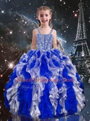 Best Blue Straps Lace Up Beading and Ruffles Little Girl Pageant Gowns Sleeveless