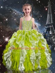 Fashionable Olive Green Sleeveless Beading and Ruffles Pageant Gowns For Girls