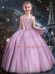 Stylish Rose Pink Ball Gowns Tulle Straps Sleeveless Beading Floor Length Lace Up Little Girls Pageant Dress Wholesale