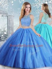 Superior Floor Length Baby Blue Quince Ball Gowns Tulle Sleeveless Beading and Sequins
