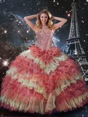 Sweetheart Sleeveless Organza Quinceanera Dress Beading and Ruffled Layers Lace Up