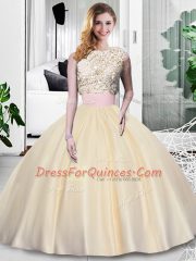 Custom Made Champagne Scoop Neckline Lace and Appliques and Ruching Quinceanera Gowns Sleeveless Zipper