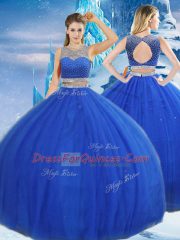Royal Blue Ball Gown Prom Dress Military Ball and Sweet 16 and Quinceanera with Beading and Sequins Scoop Sleeveless Clasp Handle