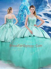 Turquoise Scoop Neckline Beading and Ruching 15th Birthday Dress Sleeveless Lace Up