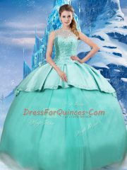 Turquoise Scoop Neckline Beading and Ruching 15th Birthday Dress Sleeveless Lace Up