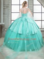 Turquoise Scoop Neckline Beading and Ruching 15th Birthday Dress Sleeveless Lace Up