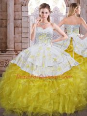 Affordable Ball Gowns Quince Ball Gowns Yellow And White Sweetheart Organza Sleeveless Floor Length Lace Up