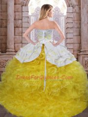 Affordable Ball Gowns Quince Ball Gowns Yellow And White Sweetheart Organza Sleeveless Floor Length Lace Up