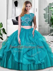 Floor Length Zipper Quinceanera Gown Teal for Military Ball and Sweet 16 and Quinceanera with Lace and Embroidery and Ruffles