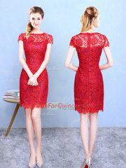 Delicate Lace Bateau Short Sleeves Zipper Lace Vestidos de Damas in Red