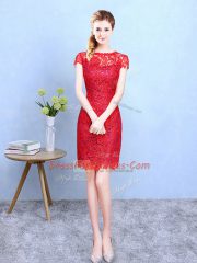 Delicate Lace Bateau Short Sleeves Zipper Lace Vestidos de Damas in Red