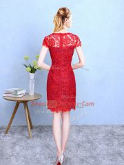 Delicate Lace Bateau Short Sleeves Zipper Lace Vestidos de Damas in Red