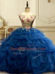 Suitable Navy Blue Scoop Lace Up Appliques and Ruffles and Sequins Quinceanera Gown Sleeveless