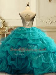 Suitable Navy Blue Scoop Lace Up Appliques and Ruffles and Sequins Quinceanera Gown Sleeveless