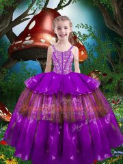 Eggplant Purple Lace Up Kids Formal Wear Beading and Ruffled Layers Sleeveless Floor Length