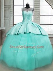 On Sale Turquoise Sleeveless Tulle Brush Train Lace Up Quince Ball Gowns for Military Ball and Sweet 16 and Quinceanera